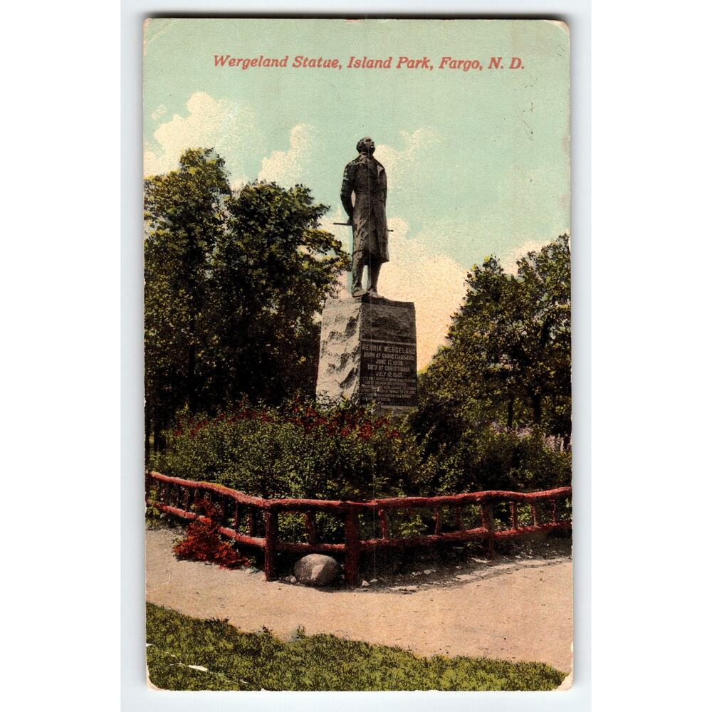 Wergeland Statue Island Park Fargo ND Vintage Postcard Antique